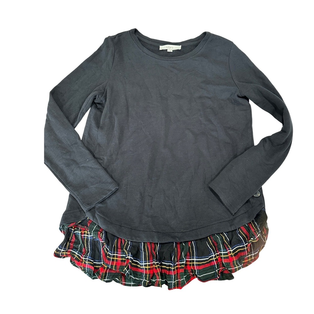 LOFT Black Long Sleeve Ruffle Plaid Hem Crewneck Sweatshirt Womens M